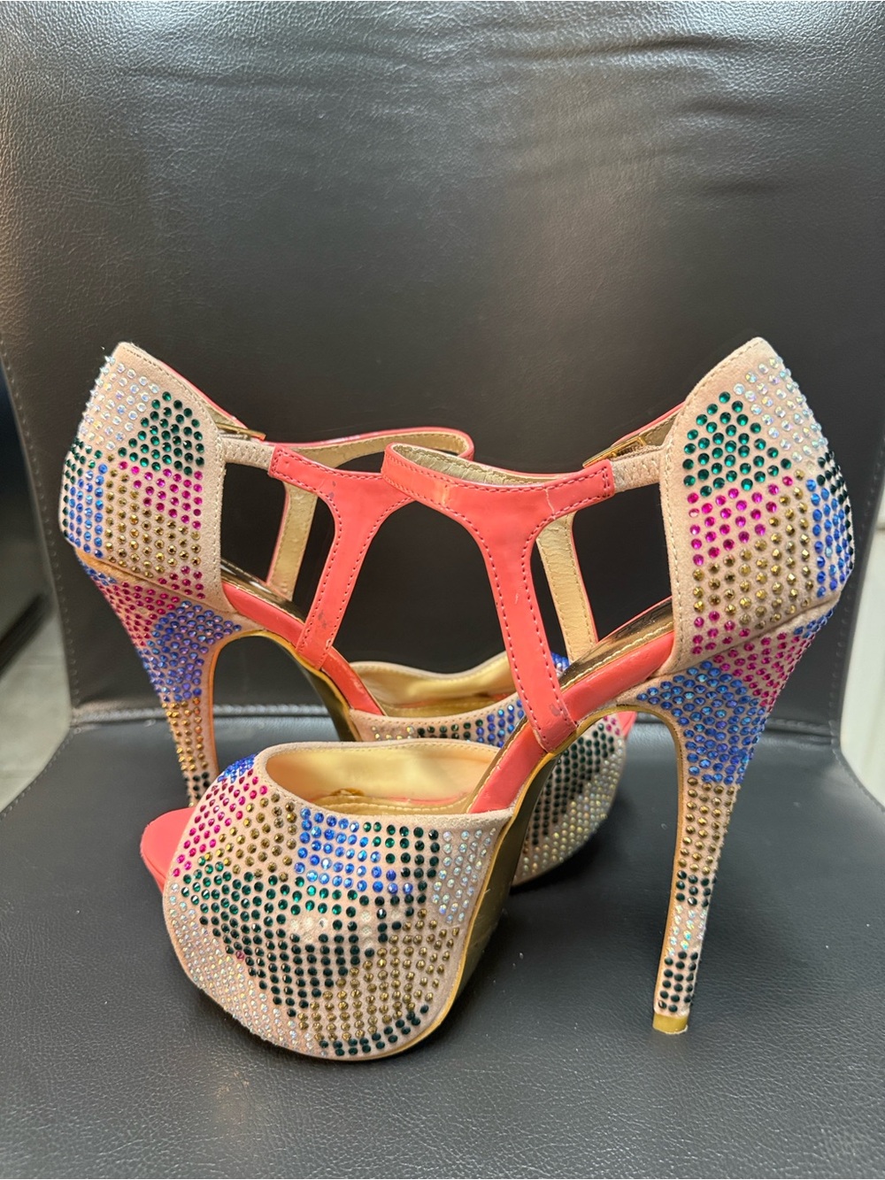 Alba Rhinestone Multicolor Gemstone Jeweled Embellished Peep-Toe Stiletto Heel